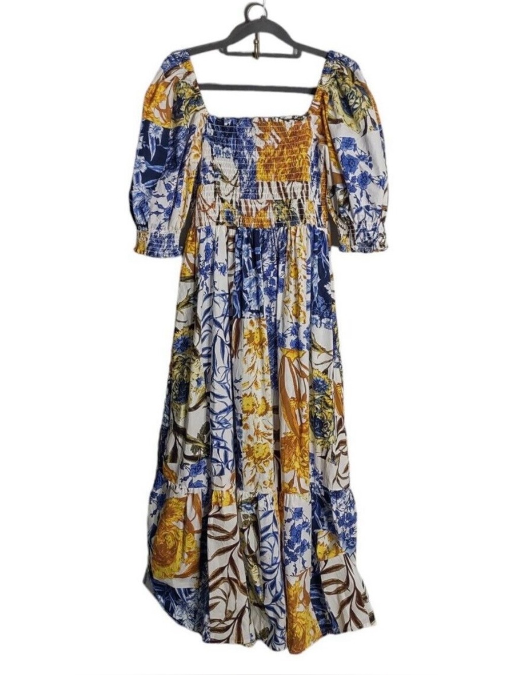 INC International Concepts Blue & Golden Yellow Floral Puff-Sleeve Maxi Dress